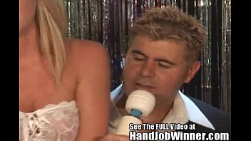 Tan blonde Brynn Tyler gives her fan Jeremy a handjob