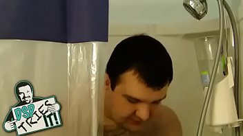 obese man masturbates in shower